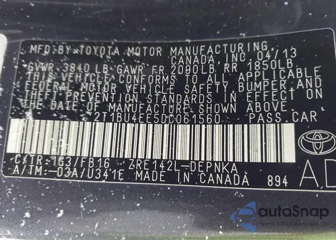 2013 Toyota Corolla Le from USA, damaged, VIN 2T1BU4EE5DC061560